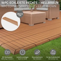 WPC Abschlussleiste 38x2x7,5 cm für WPC Bodenfliese Ecke rechts Hellbraun ML-Design