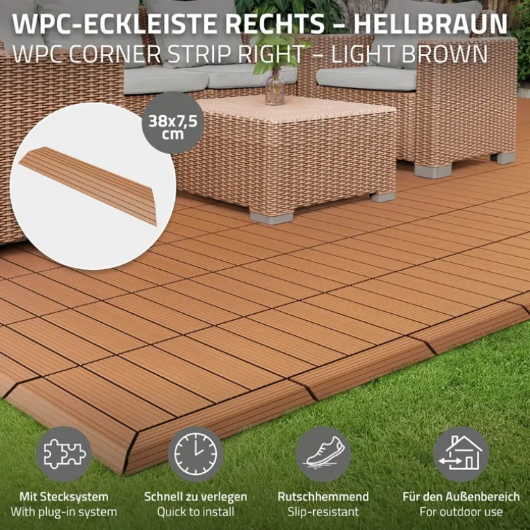 WPC Abschlussleiste 38x2x7,5 cm für WPC Bodenfliese Ecke rechts Hellbraun ML-Design