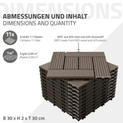 WPC Terrassenfliesen 30x30 cm 11er Set für 1m² Dunkelbraun in Holzoptik Mosaik mit Drainage und Klicksystem