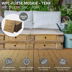 WPC Terrassenfliesen 30x30 cm 11er Set für 1m² Teak in Holzoptik Mosaik mit Drainage und Klicksystem