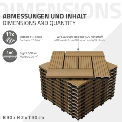 WPC Terrassenfliesen 30x30 cm 11er Set für 1m² Teak in Holzoptik Mosaik mit Drainage und Klicksystem