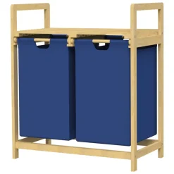 Wäschekorb Wäschesammler aus Bambus mit zwei Fächern in Dunkelblau 2x30 Liter ML-Design