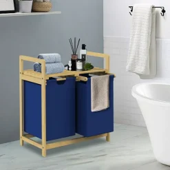 Wäschekorb Wäschesammler aus Bambus mit zwei Fächern in Dunkelblau 2x30 Liter ML-Design