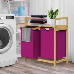 Wäschekorb Wäschesammler aus Bambus mit zwei Fächern in Magenta 2x30 Liter ML-Design