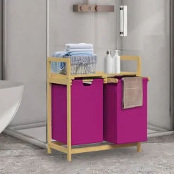 Wäschekorb Wäschesammler aus Bambus mit zwei Fächern in Magenta 2x30 Liter ML-Design