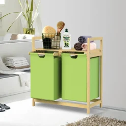 Wäschekorb Wäschesammler aus Bambus mit zwei Fächern in Olive 2x30 Liter ML-Design