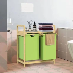 Wäschekorb Wäschesammler aus Bambus mit zwei Fächern in Olive 2x30 Liter ML-Design