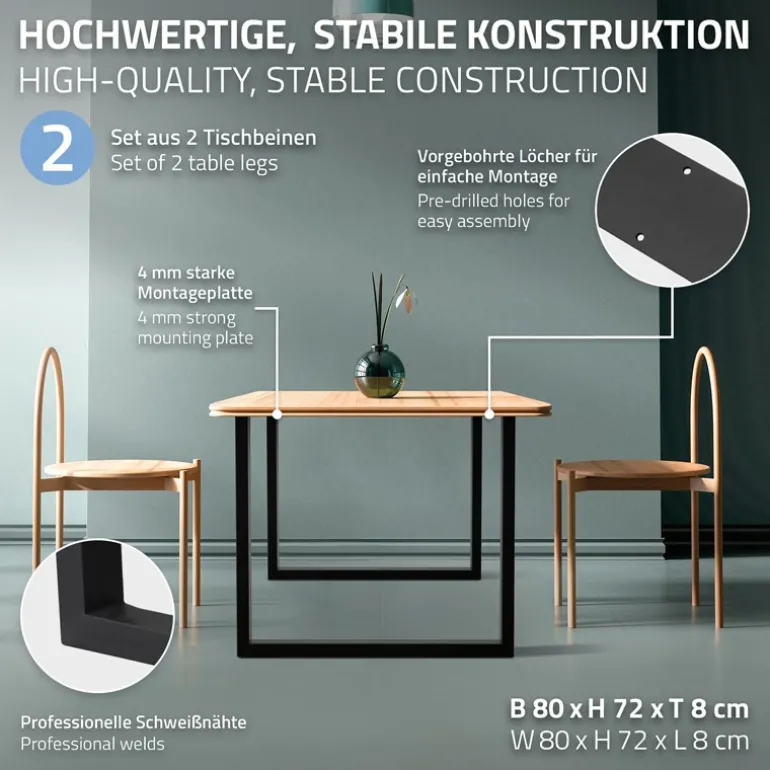 2x Tischbeine Tischkufen aus Vierkantprofilen 80x72 cm Schwarz pulverbeschichtete Stahl