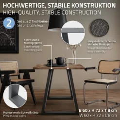 2x Tischbeine Trapez Design 60x72 cm Anthrazit pulverbeschichtete Stahl Tischgestell Esstisch und Schreibtisch
