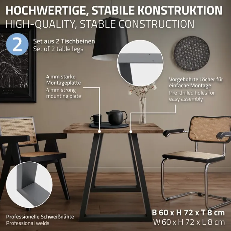 2x Tischbeine Trapez Design 60x72 cm Anthrazit pulverbeschichtete Stahl Tischgestell Esstisch und Schreibtisch