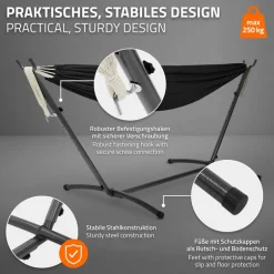 XXL Hängematte mit Stahlgestell bis 250 kg Schwarz inkl. Tragetasche ML-Design