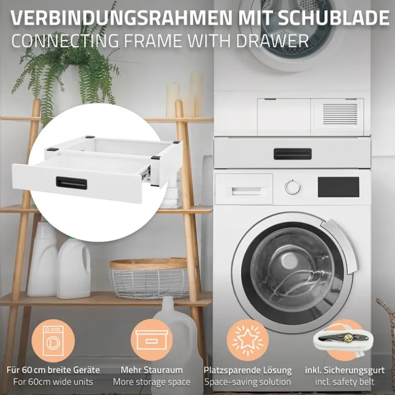 Zwischenbaurahmen für Waschmaschine Verbindungsrahmen mit Schublade 60,5x54 cm in Weiß ML-Design